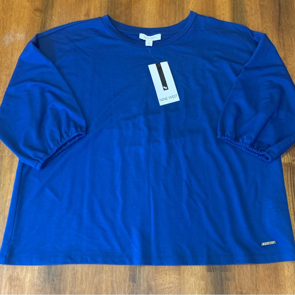 Nine West NWT Top XL Royal Blue Blouse Puff sleeve with Elastic Crewneck